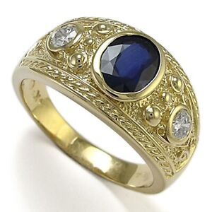 Men's Solid 18k Yellow Gold Genuine White & Blue Sapphire Ring 7 to 14