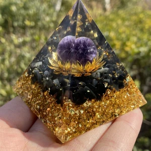1pc Orgonite Pyramid Lotus Dreamy Amethyst Sphere with Obsidian Gem Chakra - Picture 1 of 12