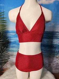 NWT Women's Cupshe Two Piece Swimsuit Size Medium Red Color Textured Stripes - Picture 1 of 5