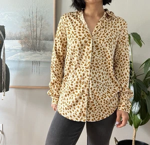 Rachel Zoe Shirt Damen kleine beige Giraffenmuster Knopfleiste Langarm Bluse - Bild 1 von 10