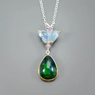Gemstone 8 ct+ Natural Black Opal Necklace 925 Sterling Silver 17"/N26904 - Image 1 of 4