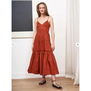 LA LIGNE Beatrix Dress Spice Brown Cotton Poplin Tiered Midi Sleeveless Sz L - Picture 1 of 10