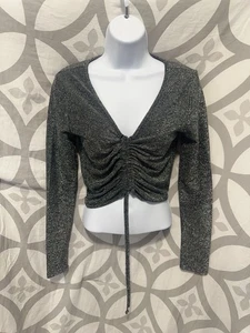 Forever 21 Crop Top Damen mittelgrau Glitzer Langarm Schimmer Sparkle NEU - Bild 1 von 11
