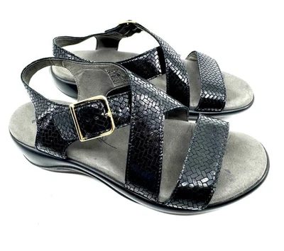 SAS Laguna 7.5 Wide Black Shiny Croco Leather Contour Cushion Sandals Preowned - Image 1 of 4