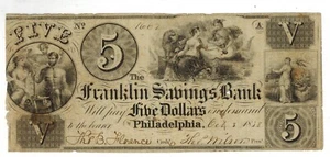 1838 Philadelphia Pennsylvania FRANKLIN SAVINGS BANK $5 Obsolete Currency SCARCE - Picture 1 of 2