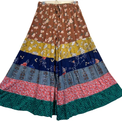 Nwt SACRED THREADS boho hippie crinckled rayon wide leg tiered PANTS L Free ship - Image 1 of 4