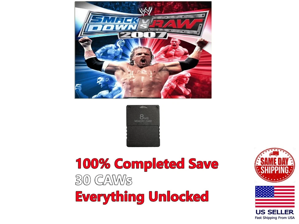 WWE Smackdown! vs Raw 2007 PlayStation 2 PS2 карта памяти 30 CAWs разблокированный сохранить - Изображение 1 из 1