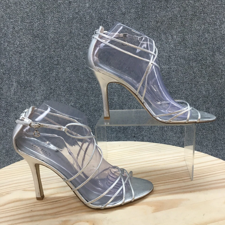 Guess By Marciano Heels Womens 9.5 M Olgan Stiletto Ankle Strappy Silver Leather - Image 1 of 4