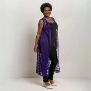 ROCKTHOSECURVES WOMENS SLEEVELESS LACE DUSTER JACKET LONG WAISTCOAT PLUS SIZE - Picture 1 of 35
