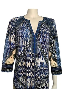HALE BOB Dress Blue Abstract Print V-Neck Jewelled 3/4 Sleeve Lined UK L - Picture 1 of 7