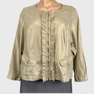 Lane Bryant Womens Plus Jacket Gold Metallic Linen Ruffle Zip size 28 - Picture 1 of 10
