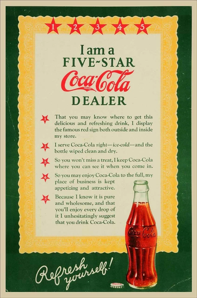FIVE STAR COCA COLA DEALER 18" HEAVY DUTY USA MADE METAL STORE ADVERTISING SIGN - Image 1 of 1