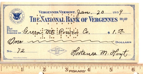 THE NATIONAL BANK CHECK OF VERGENNES, VT OBSOLETE BANK CHECK Cover