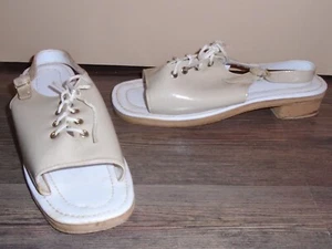 Girl's VTG 1970s Ivory Patent Laced Sling Back Sandals Cork Heel Size 2 NOS - Picture 1 of 9