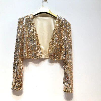 Ladies Glitter Top Cropped Jacket Shiny Sequin Long Sleeve Slim Night Clubwear - Image 1 of 4