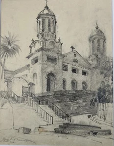 James Kirk Merrick Vtg Drawing Saint Johns Cathedral Antiqua & Barbuda 11x14” - Picture 1 of 17