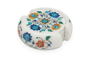 marble coaster set Semi Precious Stones floral Inlay art Work room decor - Picture 1 of 8