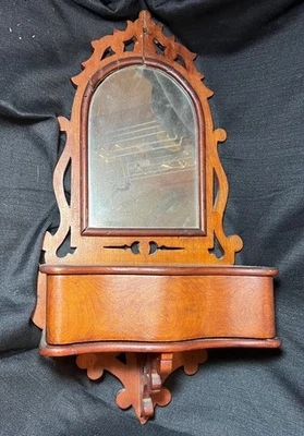 Antique Old Wooden American Furniture Hanging Mirror & Wood One Drawer Shelf - Image 1 of 4