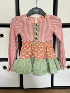 Matilda Jane Girl's 6 Orange Pink Green Ruffle Striped Floral Knit Tunic Dress - Picture 1 of 6