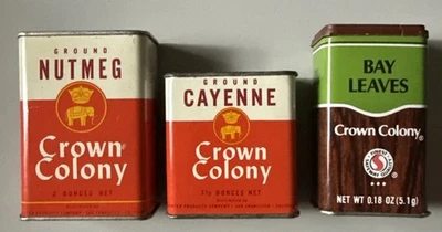 Vintage Lot of 3 CROWN COLONY Brand Spice Tins Nutmeg, Cayenne, and Bay Leaves - Image 1 of 4