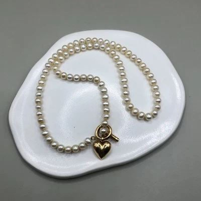 14k yellow gold FLAWED heart charm pearl necklace toggle clasp makers mark READ - Image 1 of 4