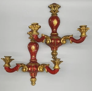 Fine Pair Antique Giltwood Carved Polychrome Candelabra Candle Wall Sconces - Picture 1 of 12