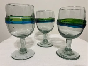 Set Of 3 Hand Blown Wine Or Water Glasses Blue & Green Bubble Mexico - Picture 1 of 18