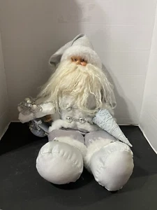 Northlight 16" White Frost Sitting Santa Claus Christmas Figure with Blue Tree - Picture 1 of 8