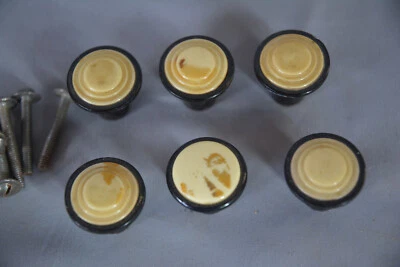 NICE SET 6 ANTIQUE ART DECO PLASTIC 1930 DRESSER KNOBS BLACK WHITE W SCREWS (V3) - Image 1 of 4