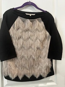 Rachel/Rachel Roy Black Boat-neck Sweater with Tan Fringe ¾ Sleeves - ON SALE! - Picture 1 of 7