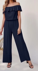 Hybrid & Company Off-Shoulder Straight Leg Stretch Jumpsuit Navy Blue Size 2X - Picture 1 of 8
