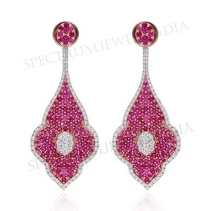 SI/H Diamond Ruby Gemstone Leaf Dangle Earrings 18k Rose Gold Wedding Gift - Picture 1 of 10