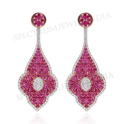 SI/H Diamond Ruby Gemstone Leaf Dangle Earrings 18k Rose Gold Wedding Gift - Image 1 of 4
