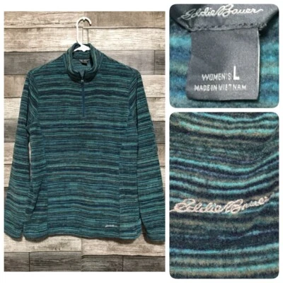 Eddie Bauer 1/4 拉链羊毛套衫女式 L 蓝色蓝蓝条纹 N1 — 第 1/4 张图片