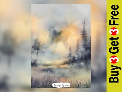 Impresión de pintura acuarela paisaje bosque brumoso 5"x7" sobre papel mate Foto 1 de 4