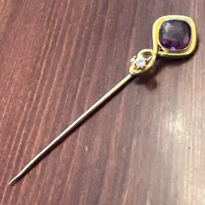 Antique Victorian 10K Gold Purple Paste & Diamond Stick Lapel Pin Engraved - Picture 1 of 11