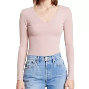 Abound Bodysuit Size Medium Metallic Knit V Neck Long Sleeve Rose Gold Pink NWT - Bild 1 von 10