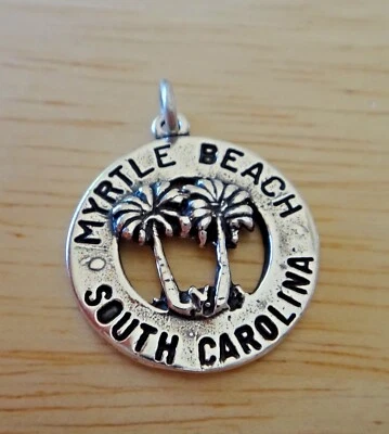 Sterling Silver 18mm round say Myrtle Beach South Carolina with Palm Trees Charm - Image 1 of 4