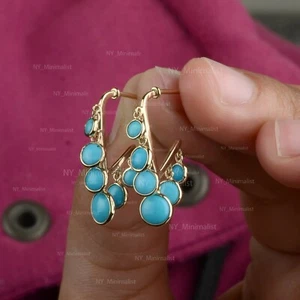 Six Turquoise Gemstone Charm Huggie Hoop Earrings Solid 14K Yellow Gold Jewelry - Picture 1 of 6