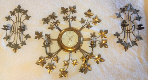Vintage UNITED Gold Maple Leaves-Starburst Candelabra Light + 2 CANDLE HOLDERS Cover