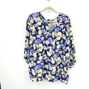 Talbots Plus Damen Größe 3X Shirt Popover 3/4 Arm Bluse Blau Rosa Blumenmuster Oberteil - Bild 1 von 8
