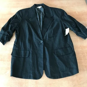 Coldwater Creek Boyfriend Blazer Women 16 Black Linen Blend Single Breasted - Picture 1 of 11
