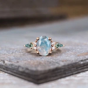 Vintage Ovalschliff Labradorit Verlobungsring Drachenschliff Achat Diamanten Brautring - Bild 1 von 4