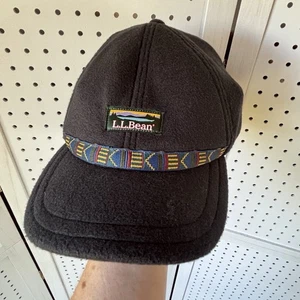 LL Bean Fleece Black Ear Flap Baseball Hat Adult Lg Aztec Band Logo EUC - Picture 1 of 11