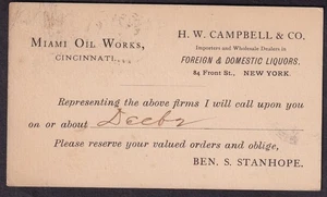 Cartolina 1880 Miami Oil Works Cincinnati/H W Campbell Co liquori NY/vendite - Foto 1 di 2