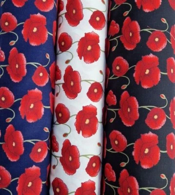 100% Cotton Fabric Poppy Rose & Hubble Poppy Flowers Red Quilting Crafts Sewing