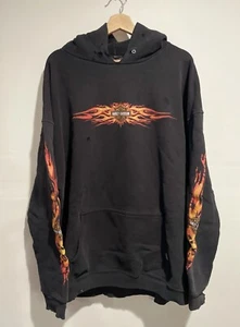 Vintage Y2K Harley Davidson Flame Skull Sleeves Hoodie Men’s Size XL Black Faded - Picture 1 of 11