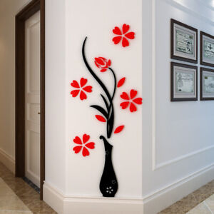 3D DIY Flower Vase Removable Mirror Wall Art Sticker Home Room Decal Mural Decor