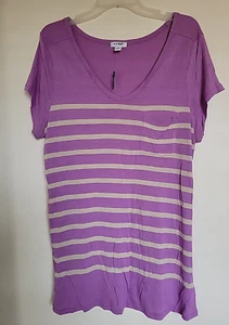 NUEVO CON ETIQUETAS Camiseta Top Tejido Camiseta Suave Lujo Rayas Moradas y Blancas Azul Marino Antiguo Talla XL - Imagen 1 de 3
