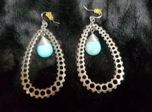 Industrial Silver tone and Faux Turquoise Large Drop Dangle Earrings P4 - Picture 1 of 4
